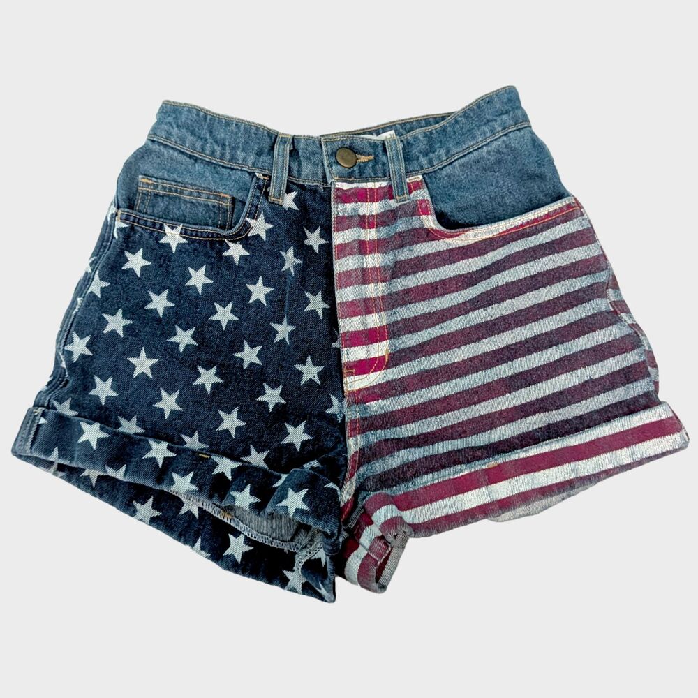 American Apparel Denim Jean Shorts Womens 23" High Waist American Flag